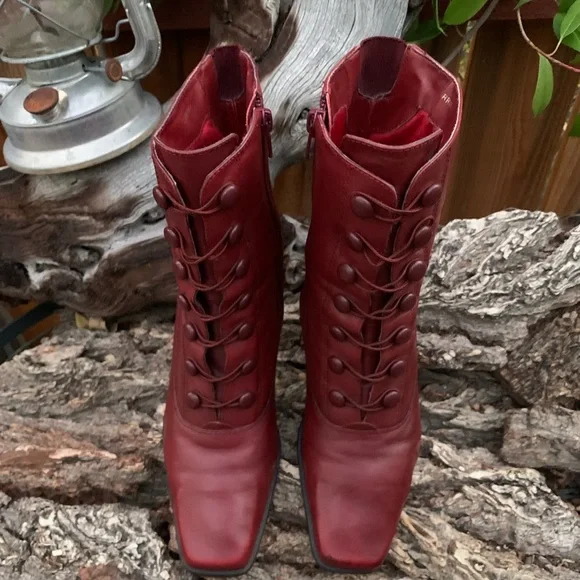 Vintage Markon Oxblood Red Leather Square Toe Stack Heel Pinup Retro Ankle Boots - Picture 2 of 9